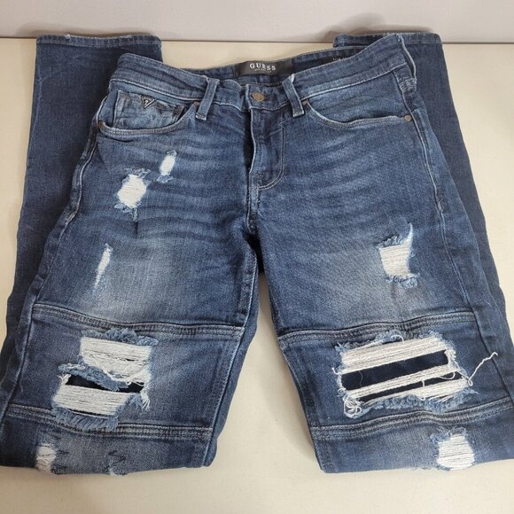 Guess Jeans Mens 30 x 32 Blue Cotton Denim Distressed Los Angeles Slim Tapered - Picture 1 of 16